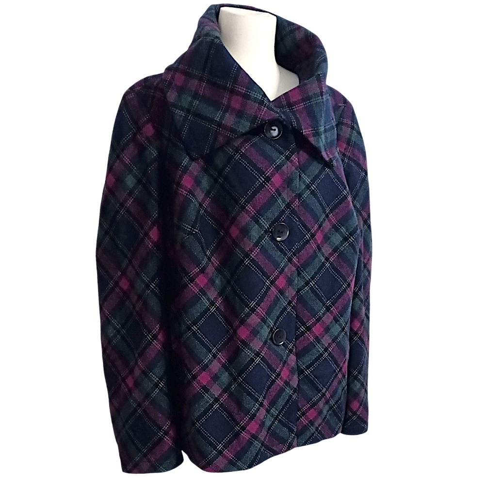 Talbots Plaid Wool Blend Jacket 18W Pea Coat Pocket Swing Lined Oversized Collar - Picture 3 of 16